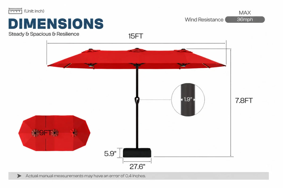 A dimension diagram of a red patio umbrella with a black pole and base on a white background. The graphic shows the umbrella from top, side, and bottom views with measurements labeled 15FT wide.