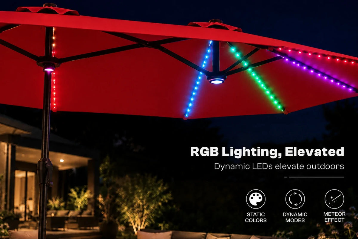 Red patio umbrella with RGB LED lighting strips glowing in red, blue, green, and purple at night, with promotional text on a dark outdoor background.