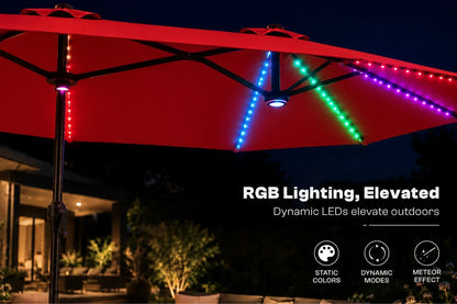 Red patio umbrella with RGB LED lighting strips glowing in red, blue, green, and purple at night, with promotional text on a dark outdoor background.
