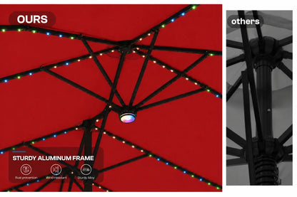 A split comparison image showing a close-up of a red patio umbrella canopy with multicolored RGB LED string lights and a black aluminum frame, labeled 'OURS', alongside a grayscale close-up of a weaker-looking black aluminum frame labeled 'others'.