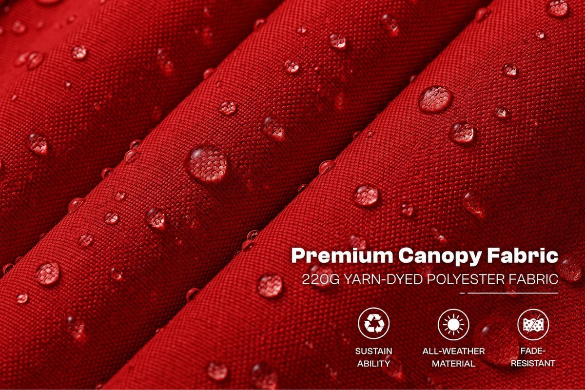 Red canopy fabric with water droplets on a close-up view, featuring text that reads 'Premium Canopy Fabric' and '220G YARN-DYED POLYESTER FABRIC' with small feature icons below.