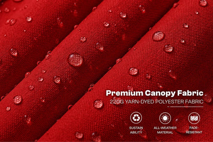 Red canopy fabric with water droplets on a close-up view, featuring text that reads 'Premium Canopy Fabric' and '220G YARN-DYED POLYESTER FABRIC' with small feature icons below.