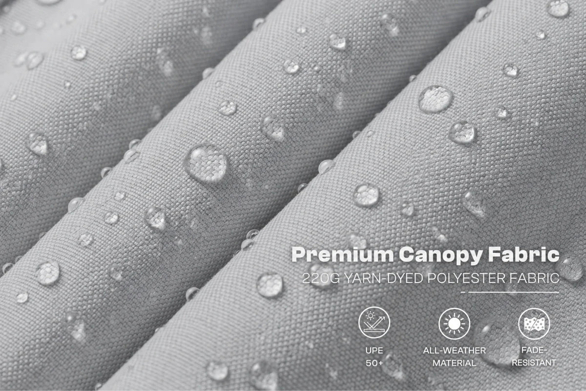 Close-up of gray canopy fabric with water droplets on a folded surface and text reading 'Premium Canopy Fabric' plus small feature icons.