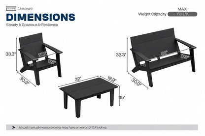 A dimension diagram showing a black outdoor loveseat, matching black coffee table, and black armchair with measurement labels and text including 'DIMENSIONS', 'Steady & Spacious & Resilience', and 'Weight Capacity MAX 353 LBS'.