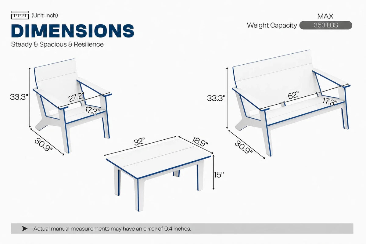 A dimension diagram showing a white outdoor patio bench and matching rectangular table with blue outline measurements and text reading 'DIMENSIONS' and 'Steady & Spacious & Resilience.'.