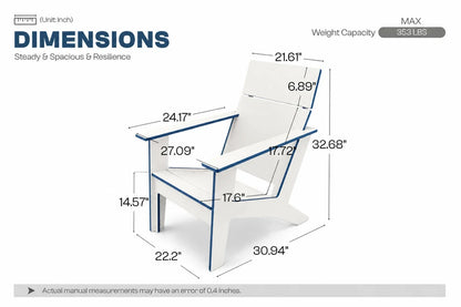 A dimension diagram of a white modern poly Adirondack chair with blue outline accents, showing multiple measurements such as height, width, and depth, plus text reading DIMENSIONS, Weight Capacity MAX 351 LBS.