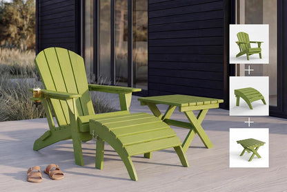 Green Adirondack chair and table set on a wooden deck with a black wall background.