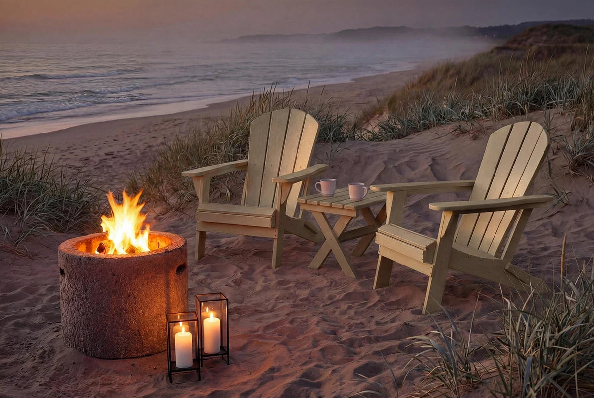 Two HDPE Adirondack chairs around a fire pit on a sandy beach at dusk.