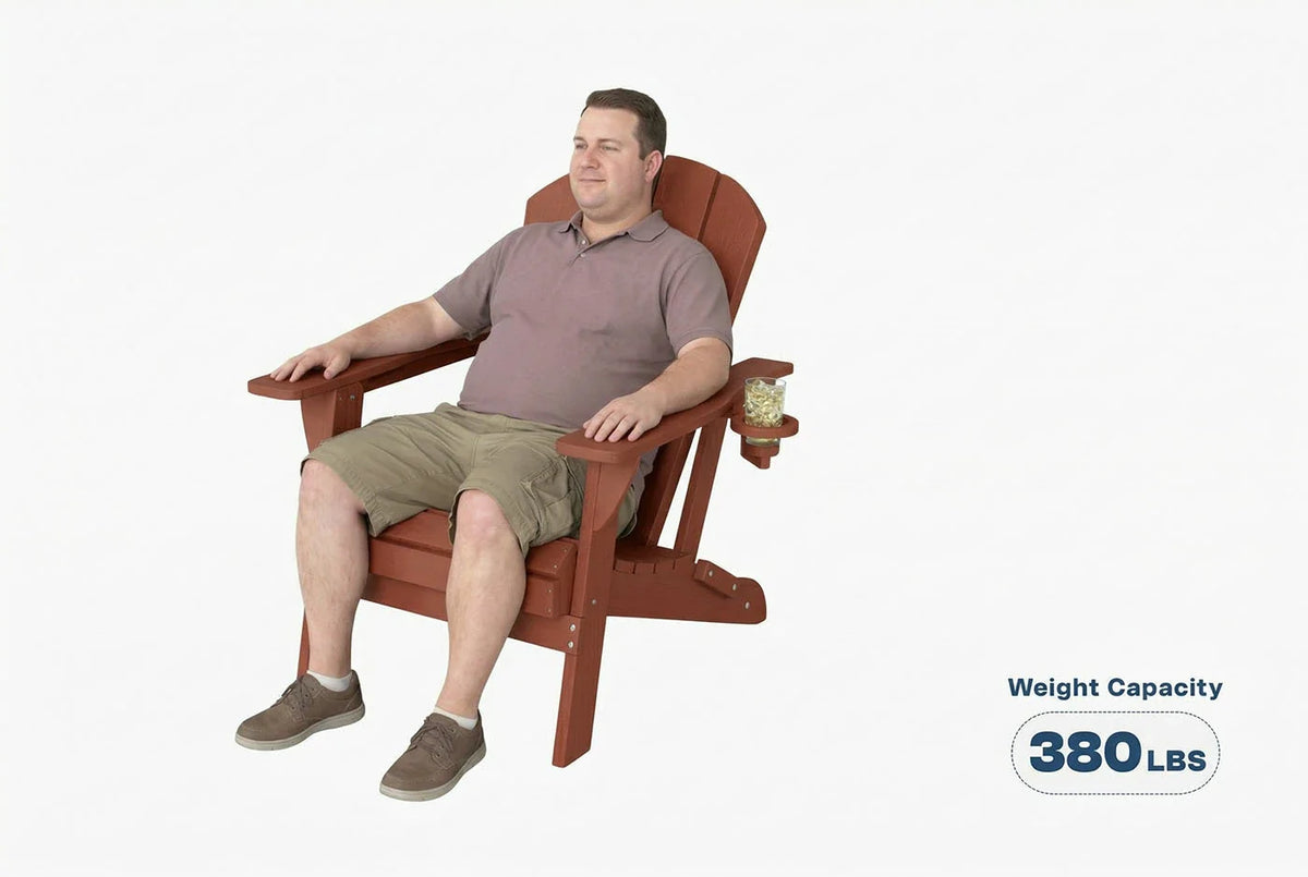Man sitting in a HDPE chair with a weight capacity label on a white background