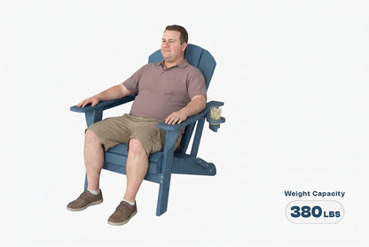 Man sitting on a blue chair with a weight capacity label on a white background