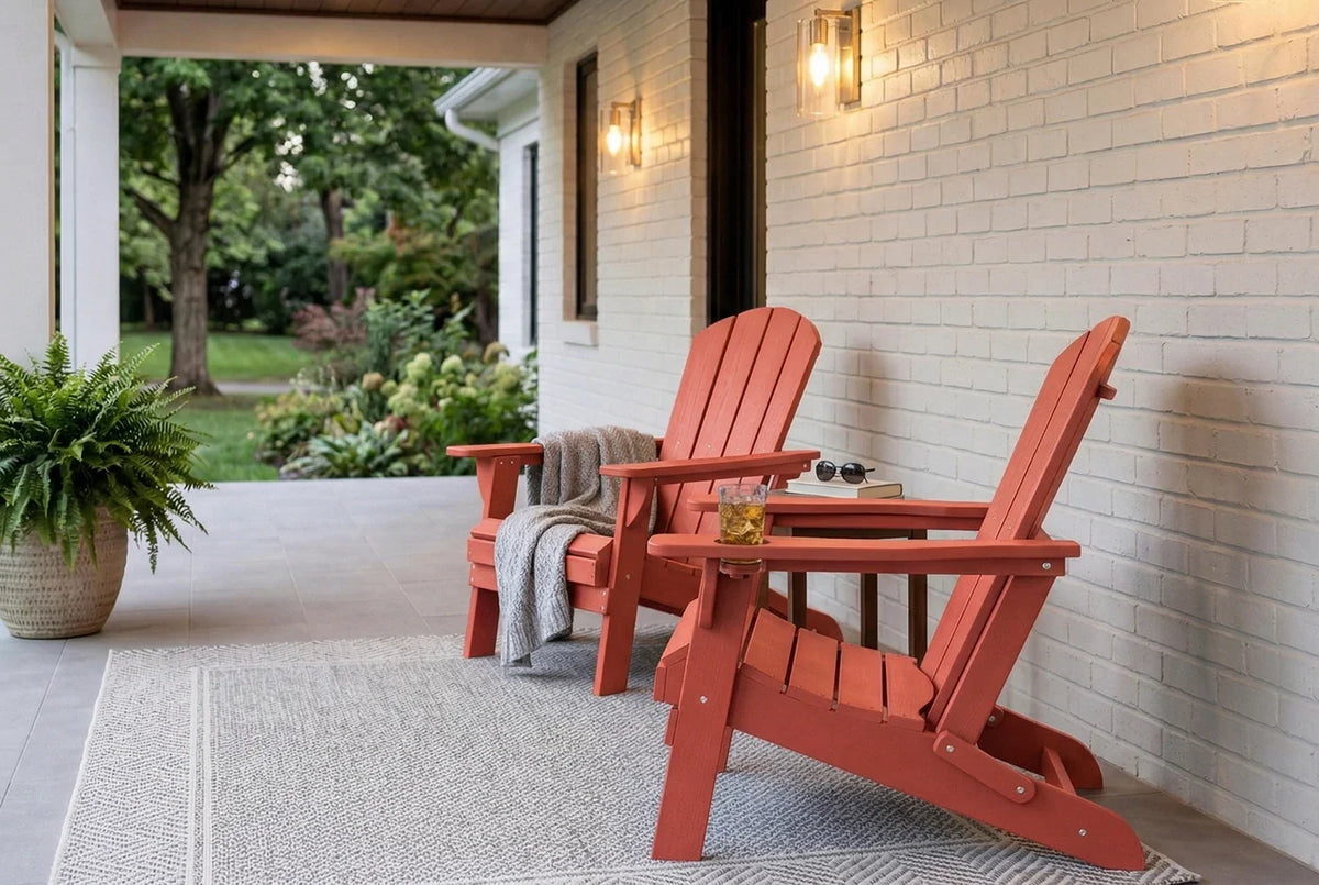 Two red Adirondack chairs on a porch with a small table and plants.