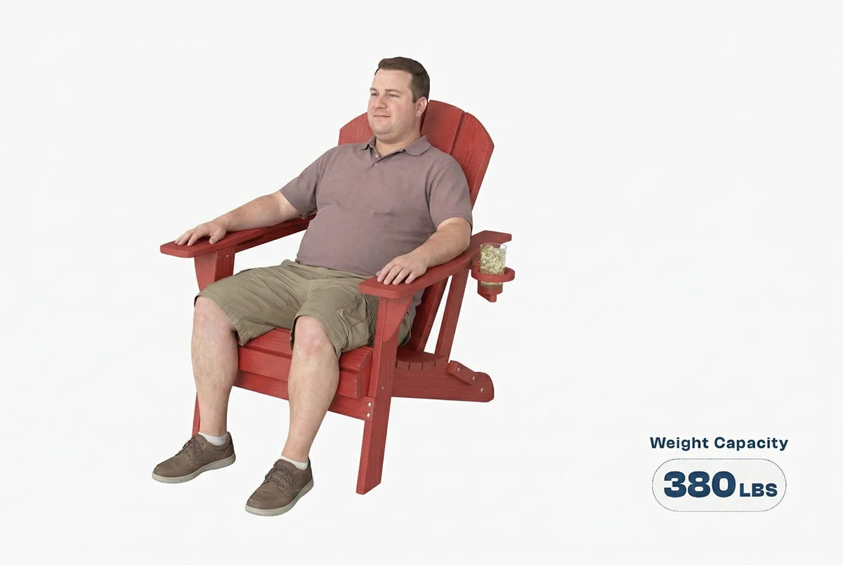 Man sitting in a red chair with a weight capacity label on a white background