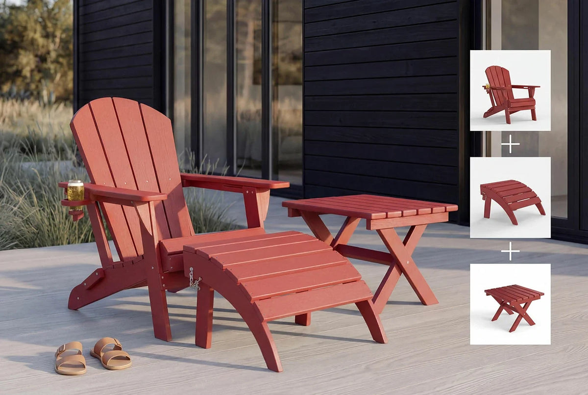 Red Adirondack chair with ottoman and small table on a patio