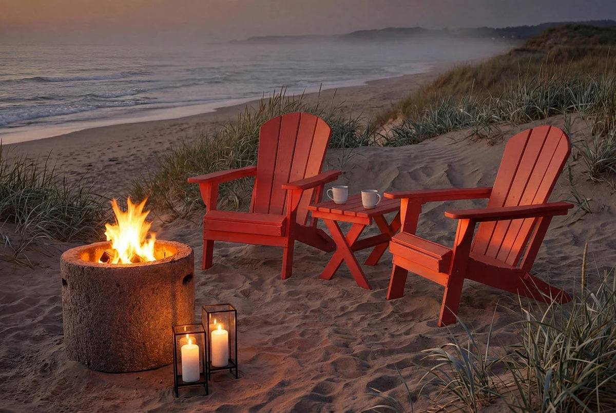 Red Adirondack chairs around a fire pit on a sandy beach at dusk.