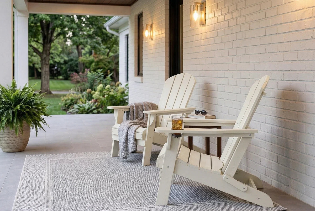 Two HDPE Adirondack chairs on a porch with a white brick wall and outdoor setting.