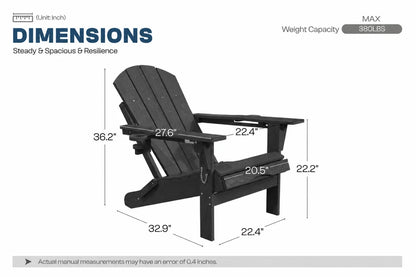 A black outdoor Adirondack chair shown with dimension callouts and text reading DIMENSIONS, including width, height, and depth measurements on a white background.