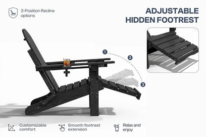 Black outdoor Adirondack chair shown reclining with an adjustable hidden footrest extension, on a white background with feature callouts and a close-up inset of the footrest.
