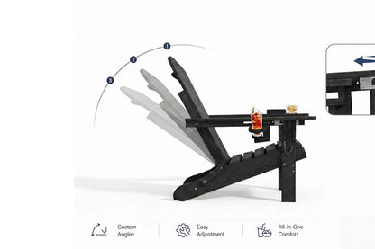 Black Adirondack-style chair with a cup holder, shown on a white background with motion graphics indicating adjustable angles and a feature inset.