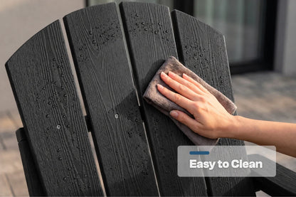 A close-up of a black outdoor Adirondack chair being wiped with a cloth by a person's hand, with a 'Easy to Clean' badge overlay.
