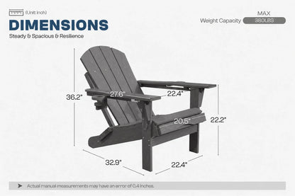 A dimension diagram of a dark gray HDPE reclining adirondack chair with footrest on a white background, showing labeled measurements for height, width, and depth with text reading DIMENSIONS and weight capacity.