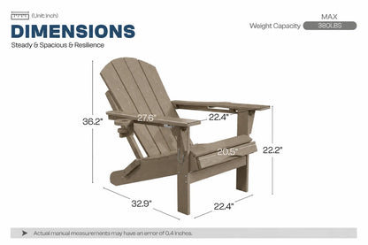 A light brown Adirondack-style chair shown on a white background with dimension lines and text listing measurements, weight capacity, and product name 'DIMENSIONS'.