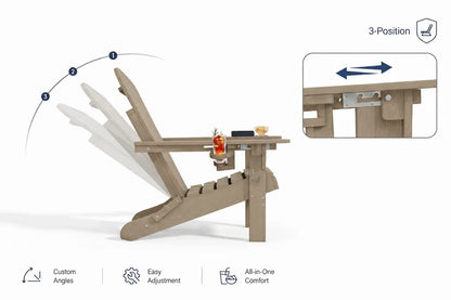 A light brown Adirondack-style chair shown on a white background with feature callouts and an inset detail of the armrest mechanism. The image includes text and icons for adjustable angles, easy adjustment, all-in-one comfort, and 3-position armrest support.