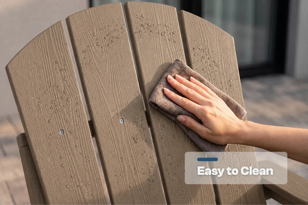 A close-up of a person wiping down a light brown outdoor chair with a gray cloth. The chair has a clean, weathered wood-look finish with water droplets on the surface.