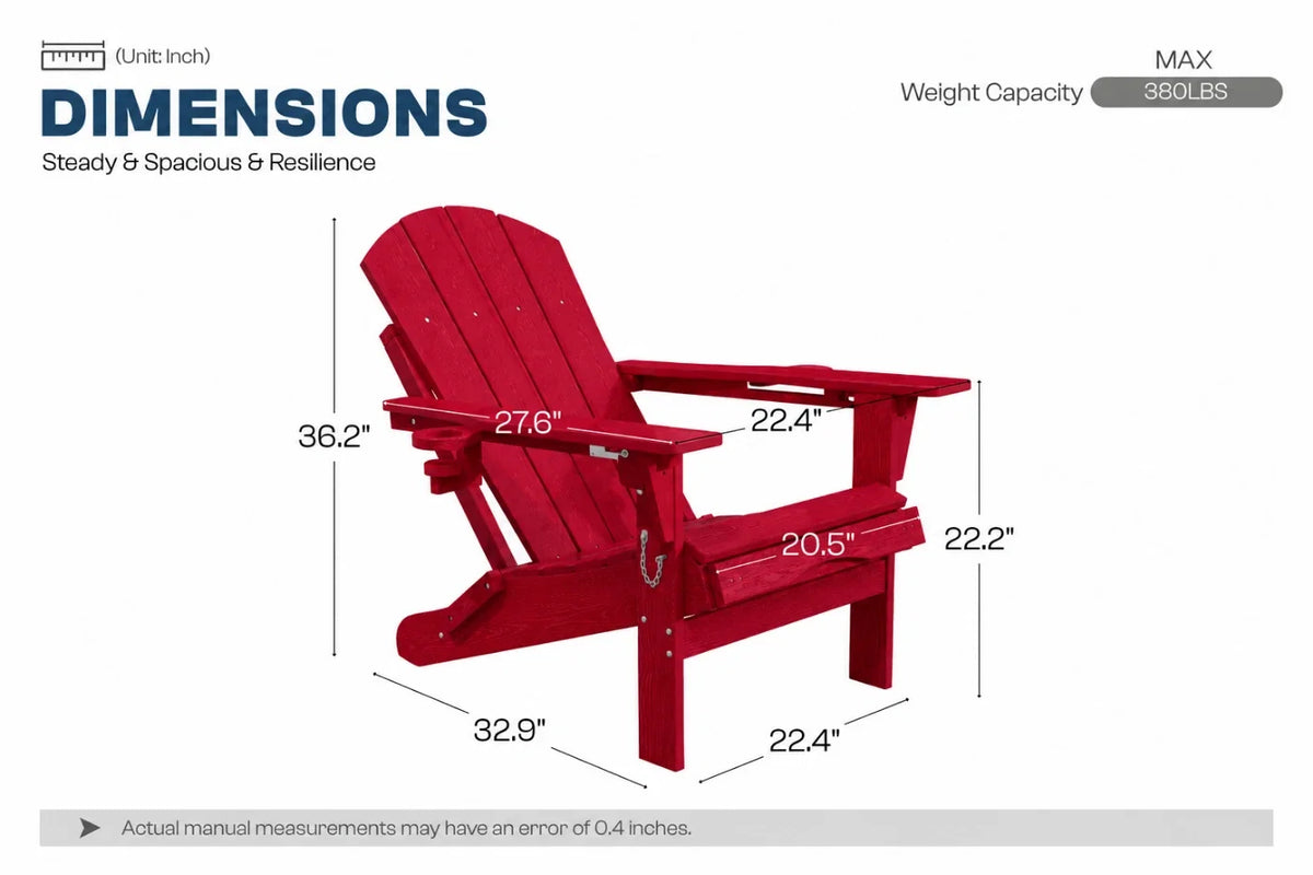 A red Adirondack chair shown with dimension callouts and labels on a white background, including height, width, and depth measurements and a weight capacity note.