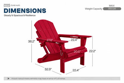 A red Adirondack chair shown with dimension callouts and labels on a white background, including height, width, and depth measurements and a weight capacity note.