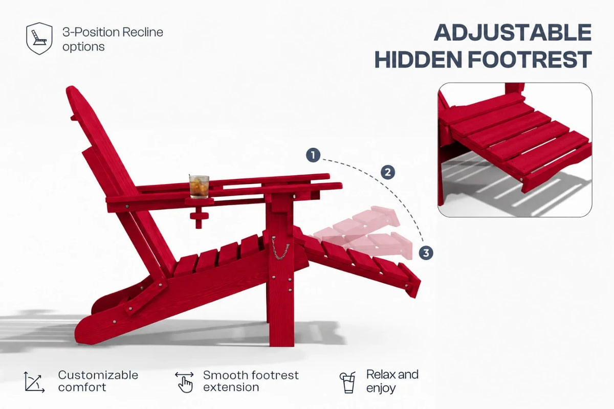 Red outdoor Adirondack chair shown on a white background with feature callouts: 3-position recline options, adjustable hidden footrest, customizable comfort, smooth footrest extension, and relaxed enjoyment. An inset shows the footrest extended.