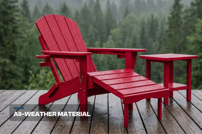 Red outdoor Adirondack chair set with a matching side table and footrest on a wooden deck, with a blurred forest background and the text 'ALL-WEATHER MATERIAL' in the lower left corner.