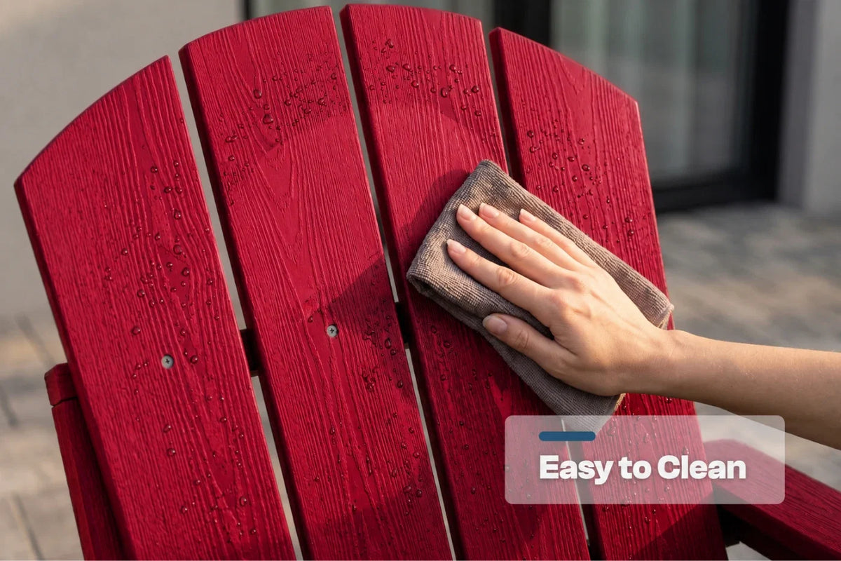 A close-up of a person's hand wiping down a red slatted outdoor chair with a gray cloth. The image features a translucent overlay badge in the bottom right corner that reads 'Easy to Clean'.