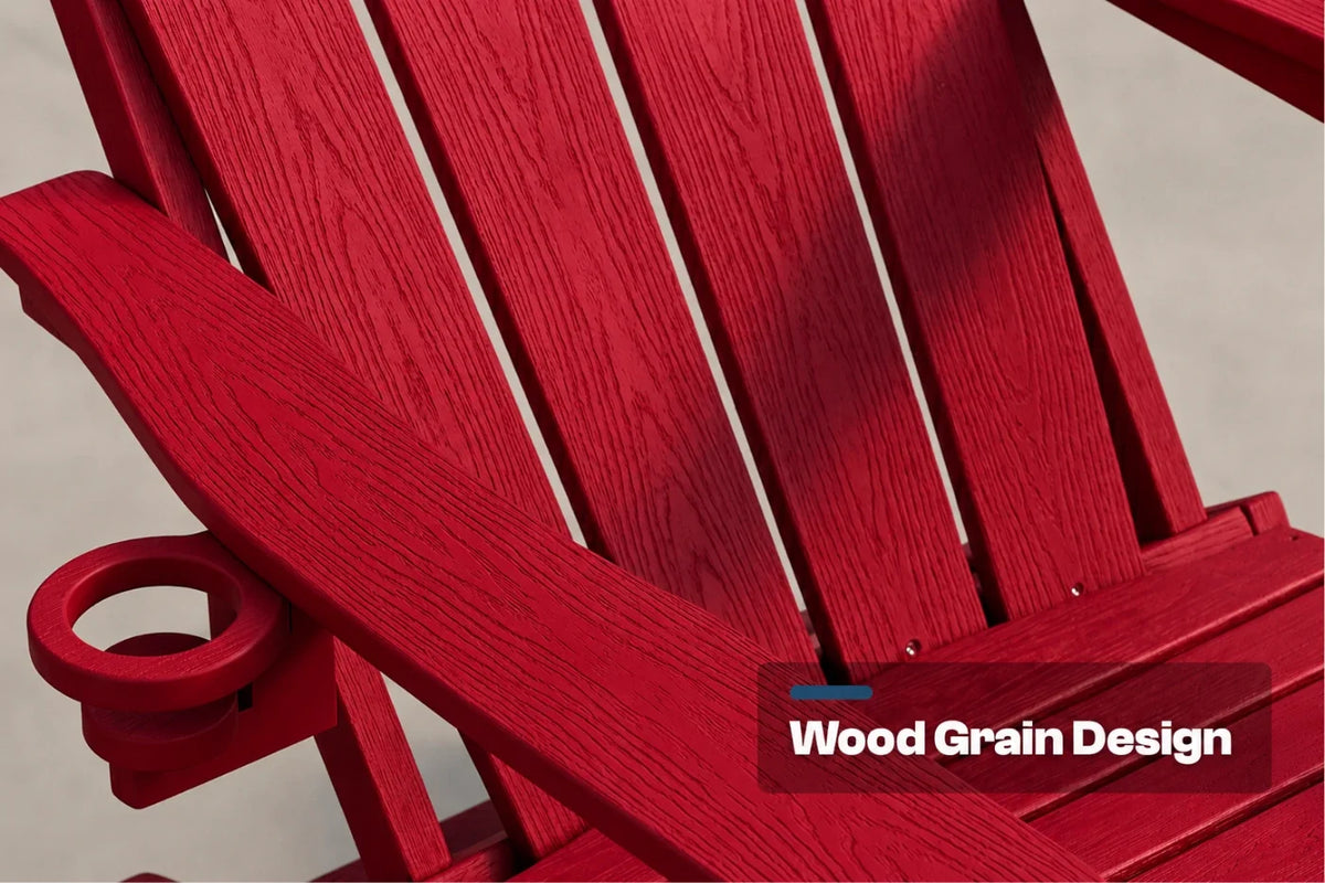 Close-up of a red outdoor Adirondack chair with a cup holder and visible wood grain texture, overlaid with the text 'Wood Grain Design' on a neutral light gray background.