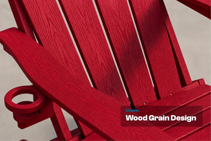 Close-up of a red outdoor Adirondack chair with a cup holder and visible wood grain texture, overlaid with the text 'Wood Grain Design' on a neutral light gray background.
