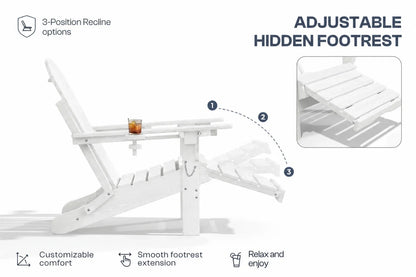 White outdoor reclining chair with an adjustable hidden footrest, shown on a white background with feature callouts and a small inset detail of the footrest.