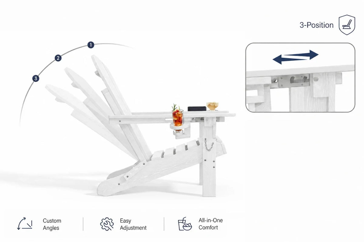 White outdoor chair with a cup holder, shown on a white background with feature icons and a small inset diagram explaining adjustability.