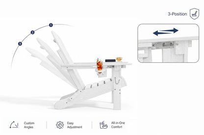 White outdoor chair with a cup holder, shown on a white background with feature icons and a small inset diagram explaining adjustability.