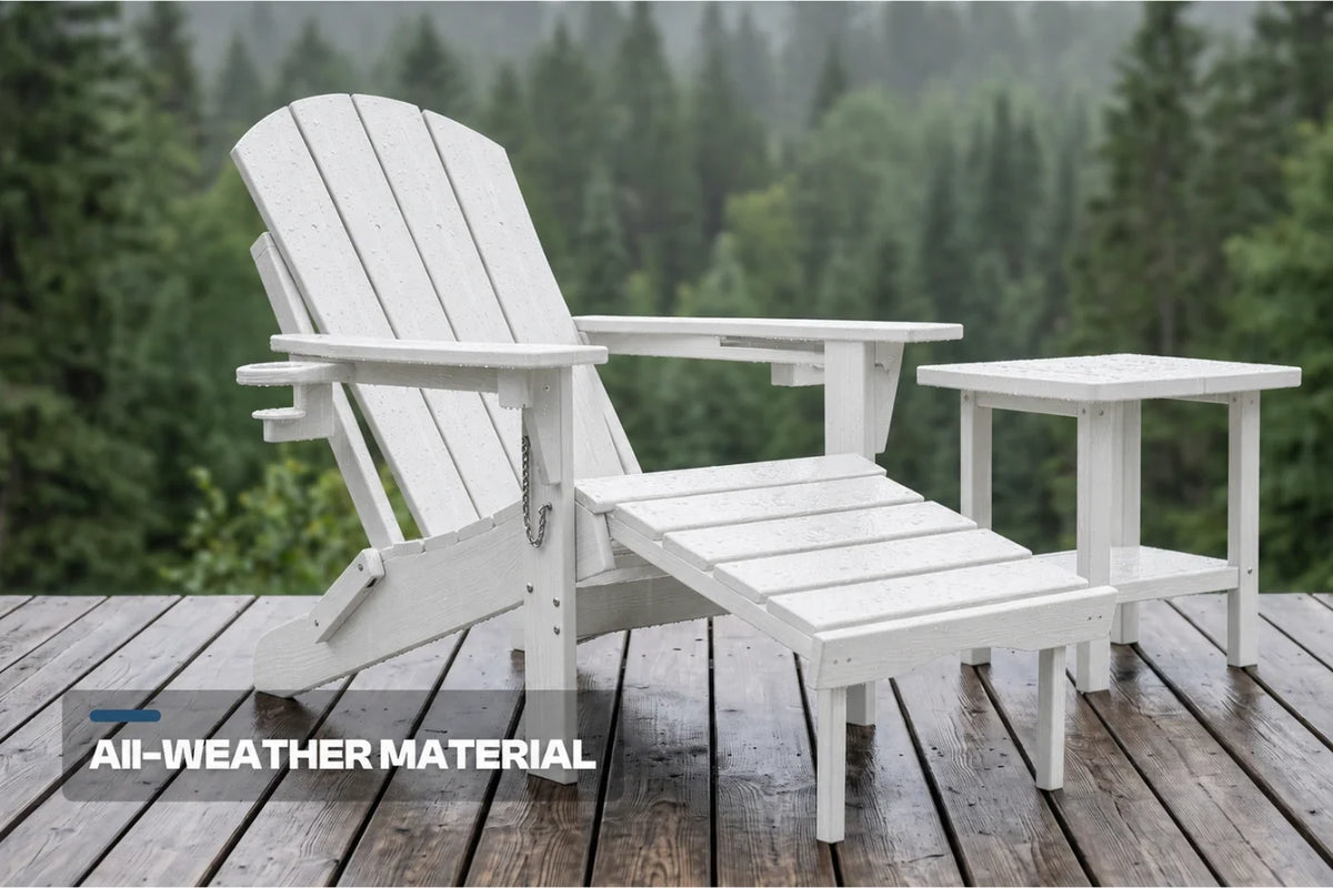 White outdoor Adirondack chair with matching side table and footrest on a wooden deck, with a blurred forest background and the text 'ALL-WEATHER MATERIAL' in the lower left corner.
