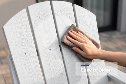 A close-up of a person's hand wiping down a white Adirondack-style chair with a brown cloth. Water droplets are visible on the chair, and a text overlay at the bottom right reads 'Easy to Clean'.