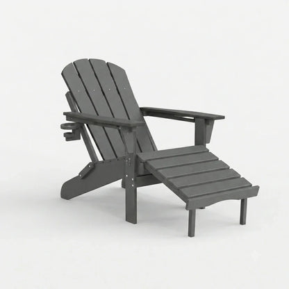 A dark gray outdoor Adirondack chair with an attached footrest and a small side cup holder, shown on a clean white background.