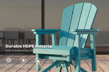Aruba blue Adirondack chair on a wooden deck with text about durable HDPE material.