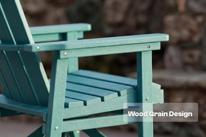 Aruba blue chair with 'Wood Grain Design' label against a blurred natural background