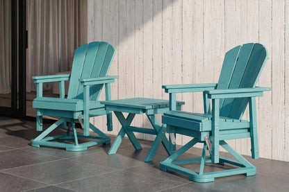Two aruba blue Adirondack chairs with a matching table on a patio.