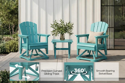 Two aruba blue Adirondack chairs with a matching table on a wooden deck, featuring text about chair features.