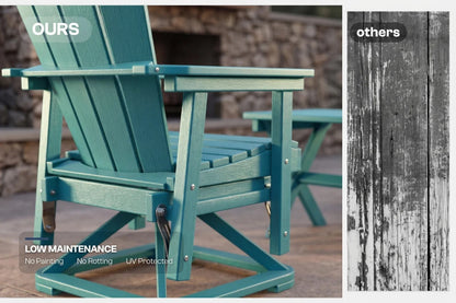 Aruba blue Adirondack chair on a wooden deck with 'OURS' text and 'others' comparison on the right.