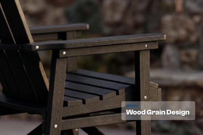 Black chair with a blurred background and 'Wood Grain Design' label. 