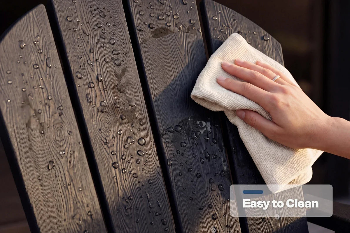 Hand cleaning a wet surface with a cloth, labeled 'Easy to Clean'.