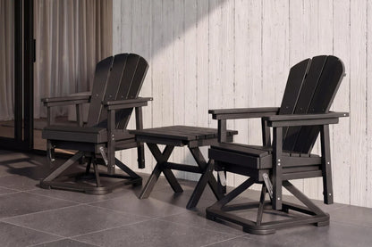 Two black Adirondack chairs with a matching table on a tiled floor.