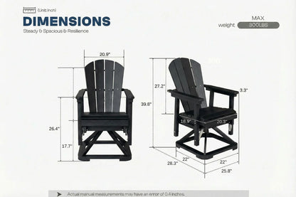 Dimensions of two black Adirondack chairs with measurement labels on a white background.