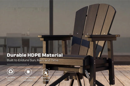 Black Adirondack chair on a wooden deck with text about durable HDPE material.